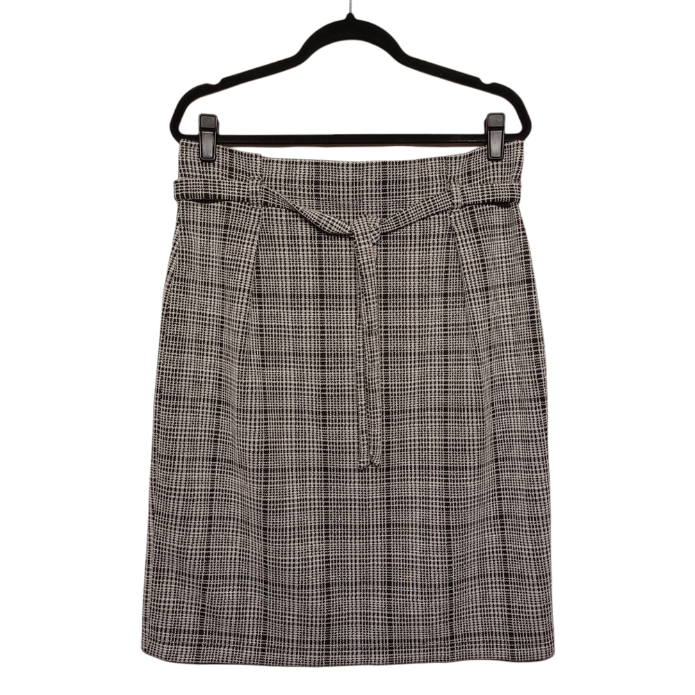 NEW MAX EDITION Skirt Gray Black Plaid Print Soft Stretchy Pull On w Belt
